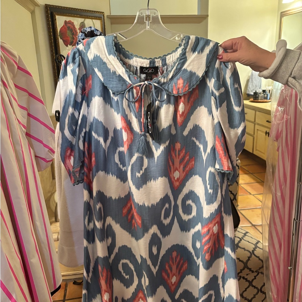 GIGI Ikat Print Blue & Coral Dress